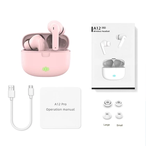 Pink A12 Pro wireless earbuds set with charging case, cable, and spare ear tips