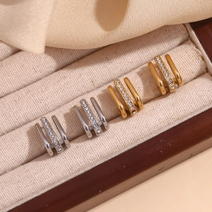 Three-layer J-shaped 18K gold plated stainless steel stud earrings with mini rhinestones