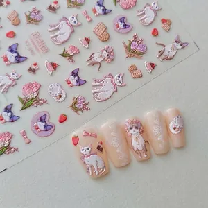 3D embossed cartoon cat and flower nail stickers with matte finish and relief texture