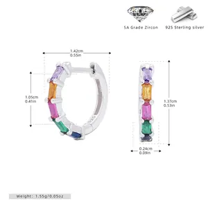Detailed dimensions and weight of 925 sterling silver square zircon hoop earrings
