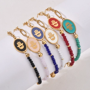 Hamsa Hand Evil Eye Bracelet Stainless Steel Paperclip Chain Faceted Beads Bohemia Jewelry For Women Protection