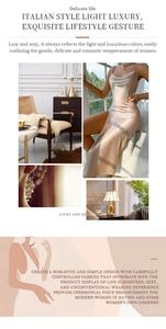 Detail of champagne satin slip dress featuring high slit and elegant jewelry set