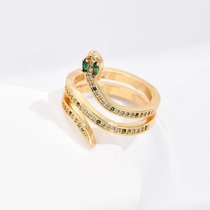 18K gold plated snake ring with green and white zircons and emerald-colored eyes