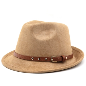 Classic camel faux suede fedora hat with brown leather band and gold rivets accent