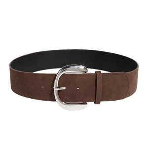 Retro wide dark brown suede waist belt for women with large silver D-ring buckle