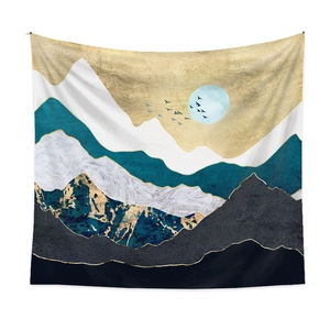 Detail of abstract landscape tapestry featuring golden mountains and a blue moon