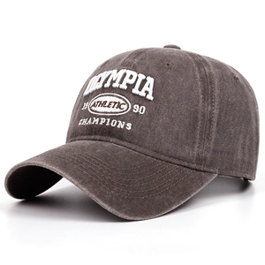 Close-up of vintage grey washed cotton cap with Olympia Athletic embroidery details