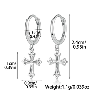 Technical dimensions of S925 sterling silver cross hoop earrings with cubic zirconia detail