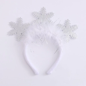Detailed view of silver glitter snowflakes and white feathers on a festive headband