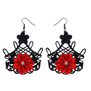 Gothic lace rose earrings with skeleton hand in black and red for Halloween costume