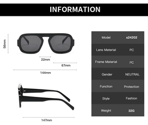 Detailed size specifications for pilot style sunglasses including dimensions and frame width