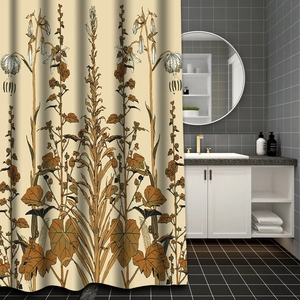 Dettaglio della tenda da doccia in poliestere con stampa botanica vintage in un bagno moderno