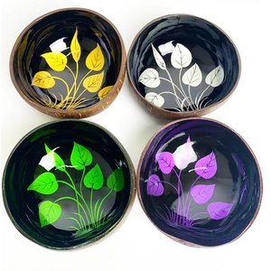Natural coconut bowls set with colorful leaf patterns and polished black interior finish