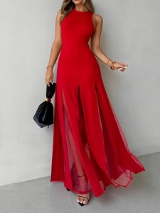 Women Sleeveless Maxi Dress Elegant Halter Neck Slim Fit High Slit Sheer Mesh Stitching Party Evening Gown