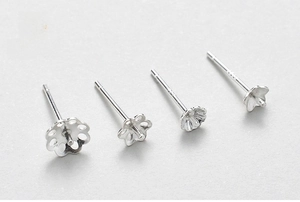 Detail of four S925 sterling silver plum blossom earring settings for DIY jewelry making