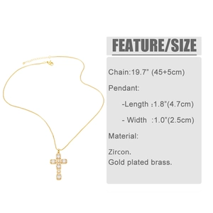 Detailed view of gold plated cross pendant with colorful zircon inlay and dimensions