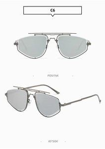 Detailed front and 45-degree side view of modern polygonal silver metal sunglasses