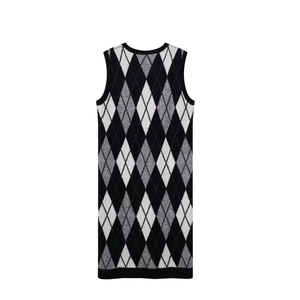 Women's V-neck argyle knit vest dress with black, grey, and white geometric pattern