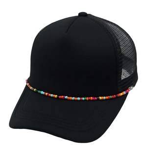 Black mesh trucker hat with colorful beaded chain and breathable back for beach style