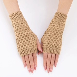Short beige knit fingerless gloves with pineapple pattern for winter warmth
