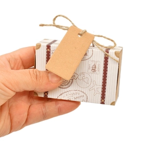 Handheld vintage travel suitcase candy box with jute twine and kraft tag for gifts