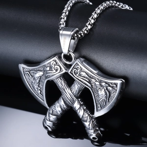 Vintage stainless steel necklace featuring double axe pendant with dragon engravings