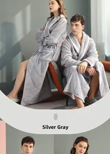 Detail of grey flannel bathrobe with white piping and convenient side pockets