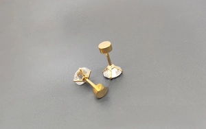Close-up of gold stainless steel stud earrings with clear round cubic zirconia stones