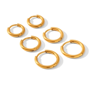 Three pairs of minimalist golden stainless steel hoop earrings on a white background