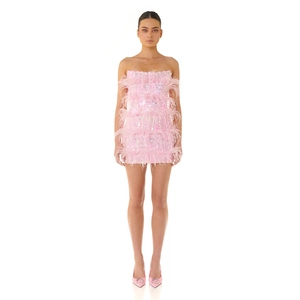 Pink sequin tube dress with ostrich feathers for high-end party and social events