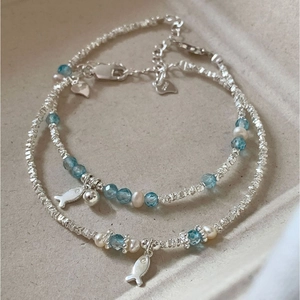 925 Sterling Silver Beaded Bracelet With Faux Artificial Pearl Blue Crystal Fish Charm Ethnic Ocean Style Hand Jewelry Women