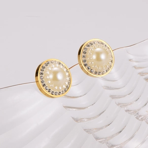 Elegant 304 stainless steel gold stud earrings with large central pearl and rhinestone halo