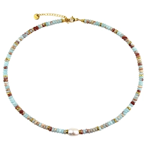 Elegant beaded necklace with blue stones, baroque pearl, and gold stainless steel chain