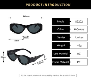 Detailed technical diagram of cat eye sunglasses showing frame dimensions and materials