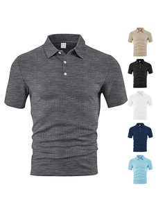 Detail view of jacquard fabric textures and available colors for men's short sleeve polo