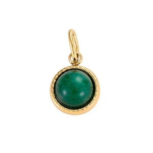 Macro detail of a green gemstone pendant with a textured golden metal base and bail