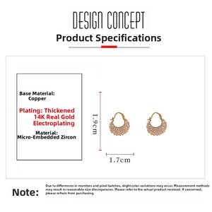 Detailed view of bag-shaped zircon earrings showing 14K gold plating and measurements