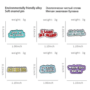 Size chart for enamel pins showing dimensions and weights of various letter brooches