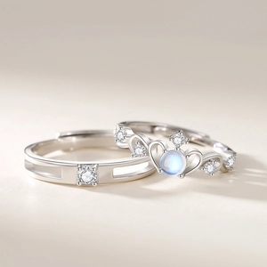 Minimalist silver moonstone couple rings set with square zircon and heart crown design