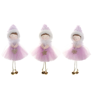 Set of 3 purple plush Christmas angel ornaments with tulle skirts and golden bells