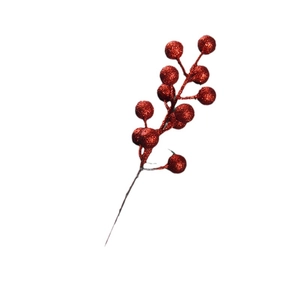 Sparkling red artificial berry stem with glitter finish for festive Christmas decoration