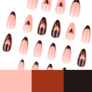 French almond leopard tortoiseshell press-on nails with 3D gold hollow heart accents