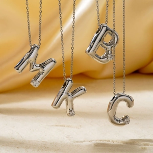 Fashion Stainless Steel Balloon Initial Pendant Necklace Shiny Rhinestone Inlaid 26 English Letters Alphabet Pendant Silver Necklace For Women Men Jewelry Gift