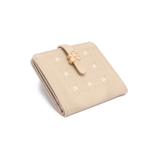 Short beige PU leather folded wallet with quilted floral patterns and flower buckle closure