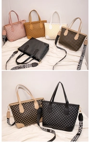Detailed view of printed tote bags showing colorful geometric patterns and wide straps