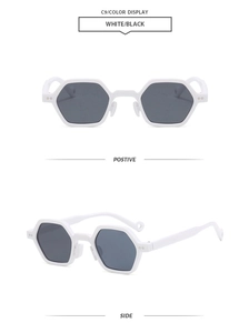 Front and side views of stylish white hexagonal frame sunglasses with dark grey lenses
