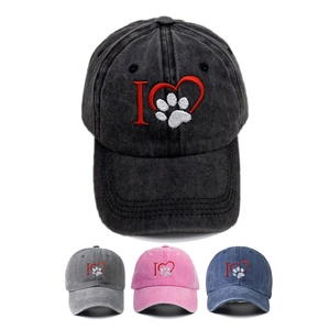 Washed Cotton Baseball Cap Retro Embroidered Heart Paw Print Adjustable Vintage Distressed Sunshade Hat