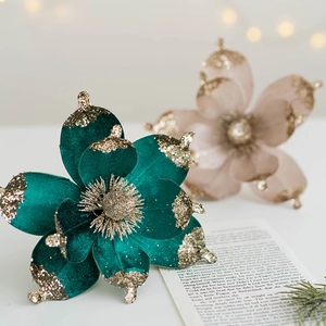 Green velvet Christmas flower with gold glitter edges for festive tree decoration