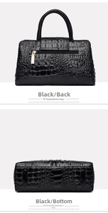 Detail view showing black crocodile texture leather bag with gold back zipper and wide base