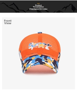 Detailed front view of children mesh baseball cap with Sport embroidery and camo brim
